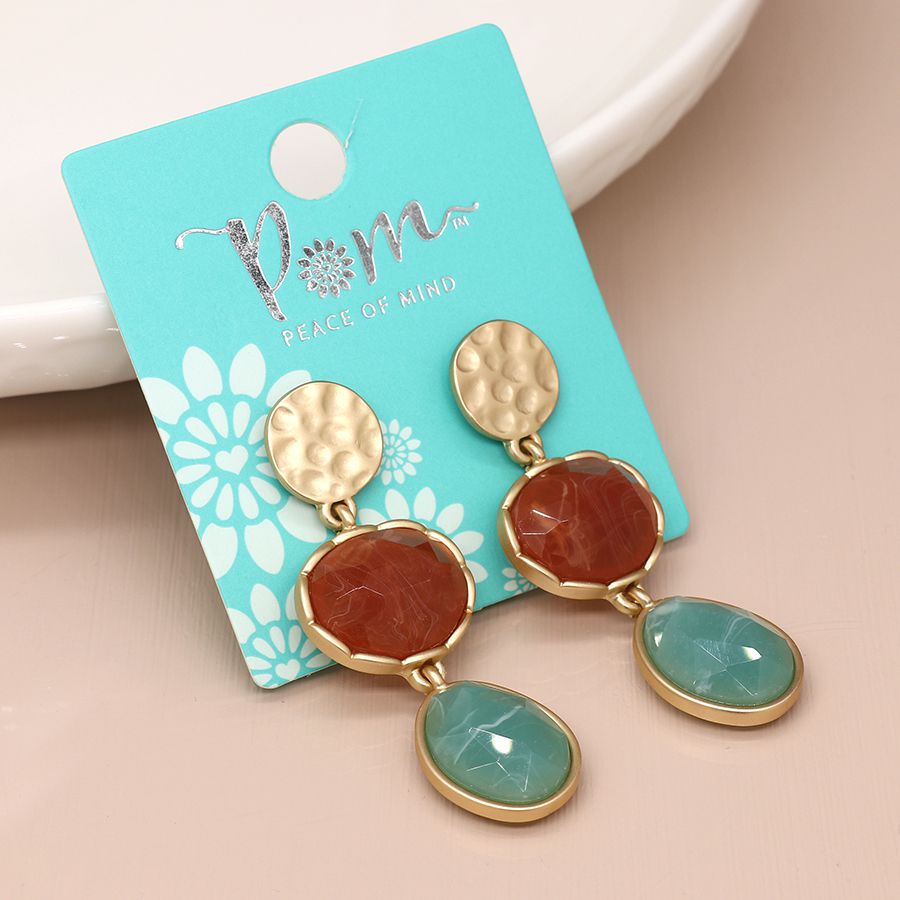 Golden hammered disc and mixed stone earrings