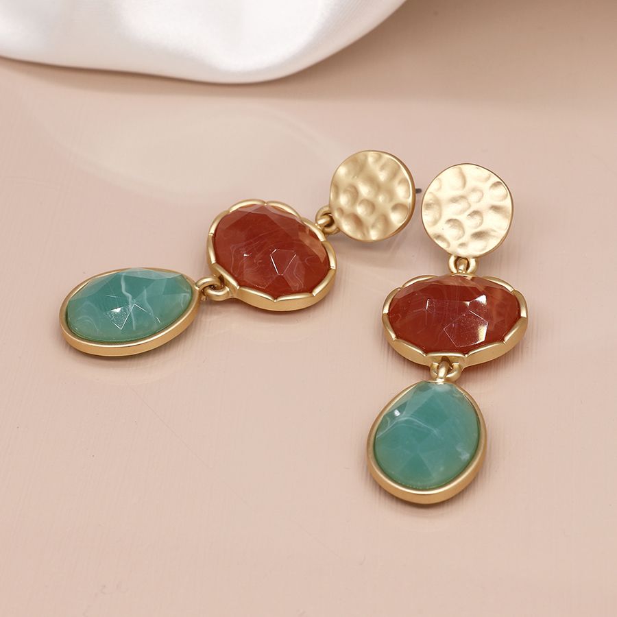 Golden hammered disc and mixed stone earrings