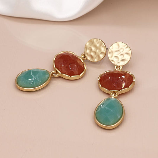 Golden hammered disc and mixed stone earrings