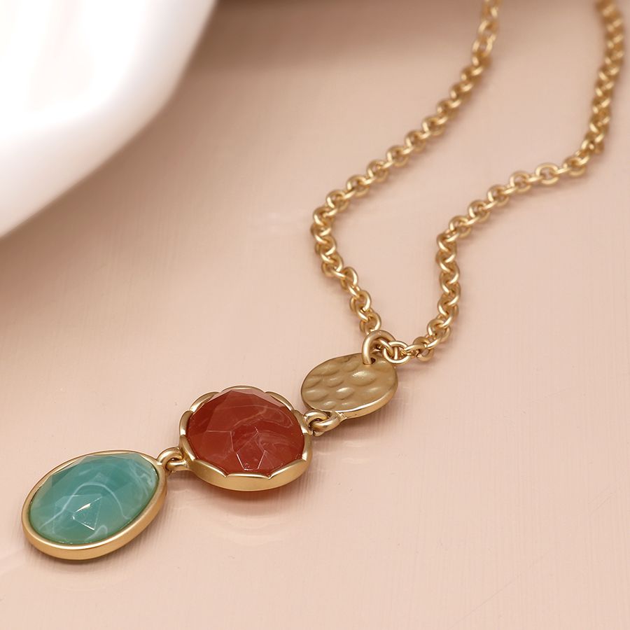 Golden hammered disc and mixed stone necklace