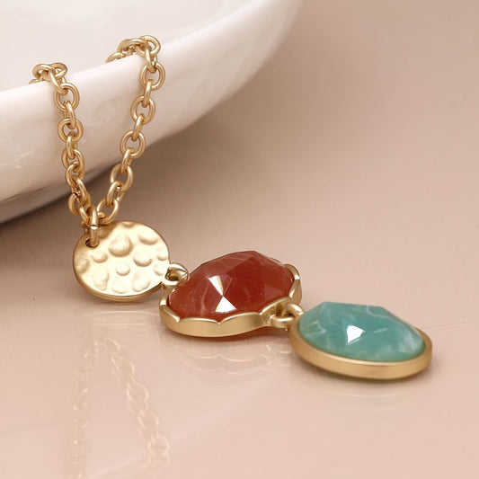 Golden hammered disc and mixed stone necklace