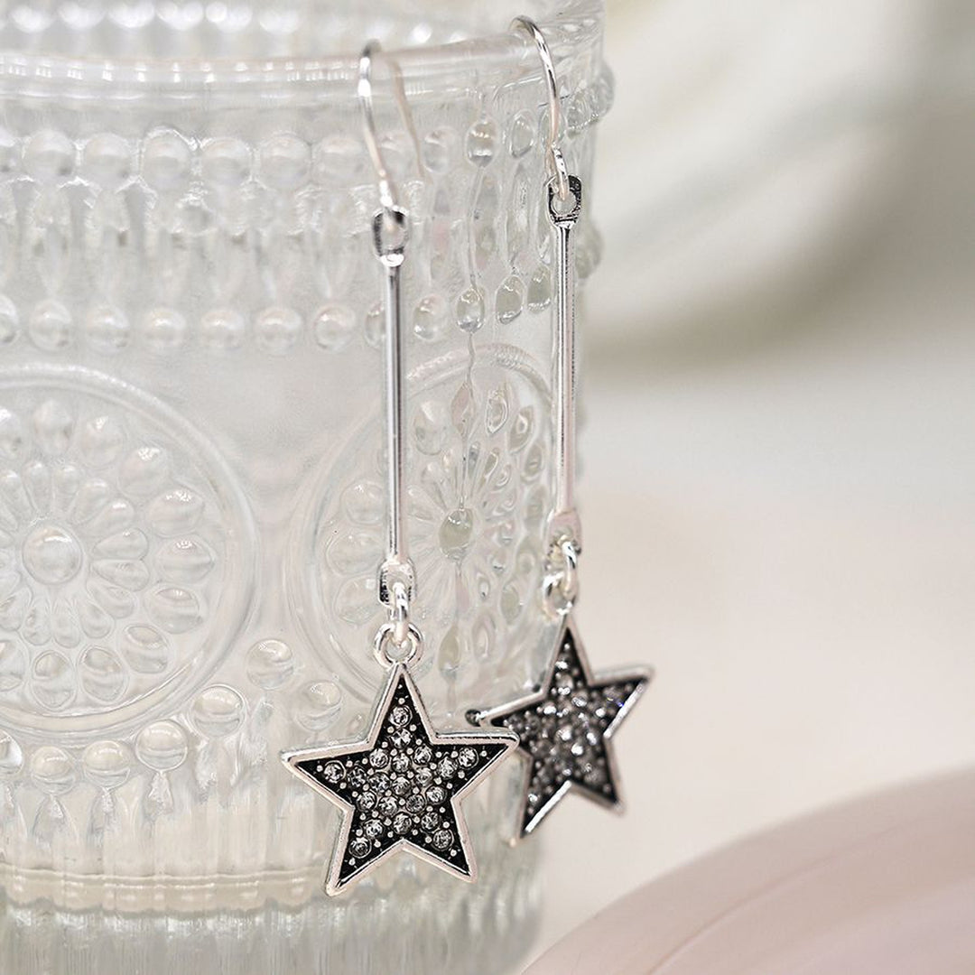 SILVER SPARKLE STAR DROP EARRINGS