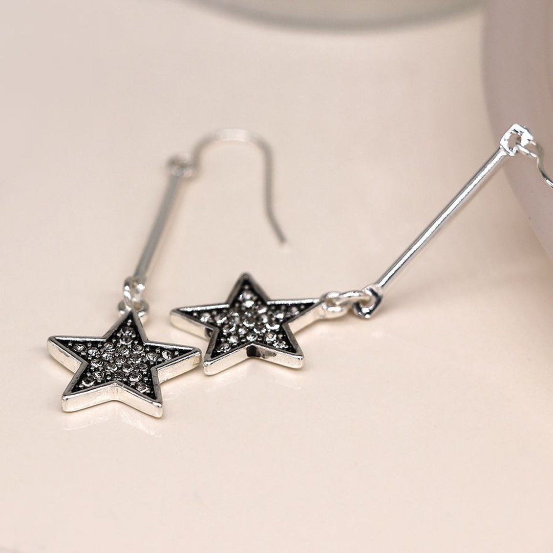 SILVER SPARKLE STAR DROP EARRINGS