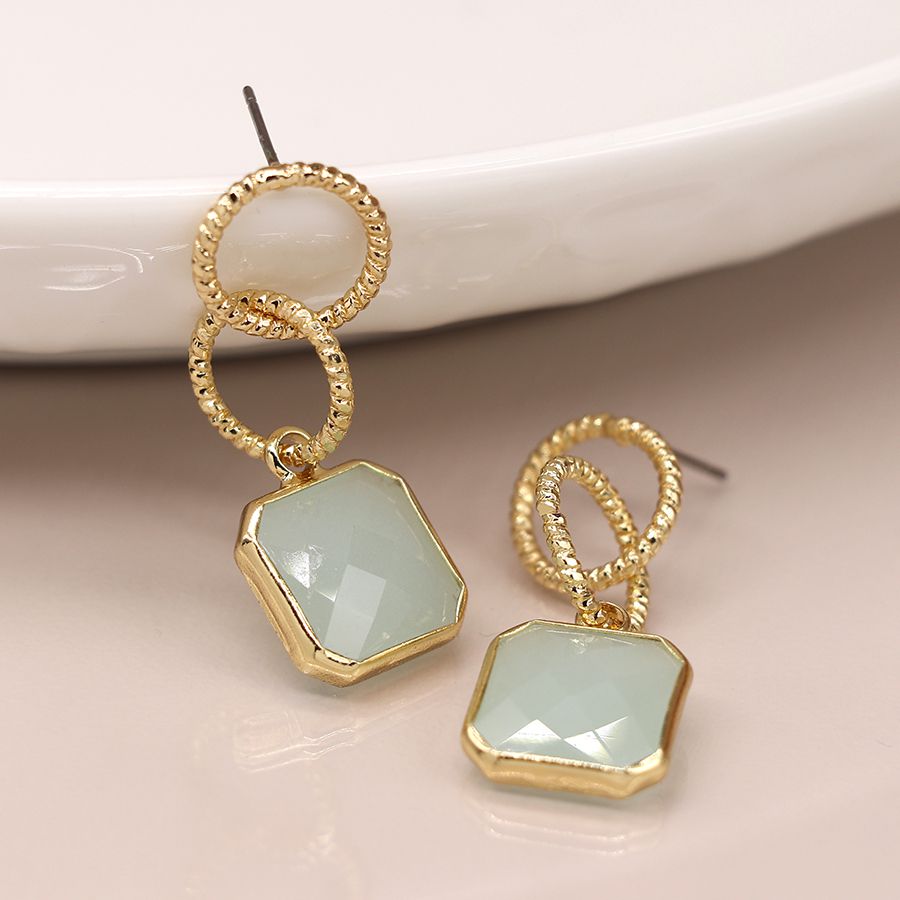 Golden textured hoops and aqua stone earrings