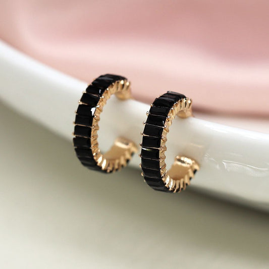 Faux gold c post black oblong crystals hoop earrings