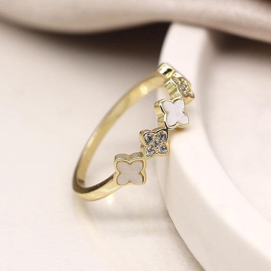 Gold plated crystal quatrefoil ring