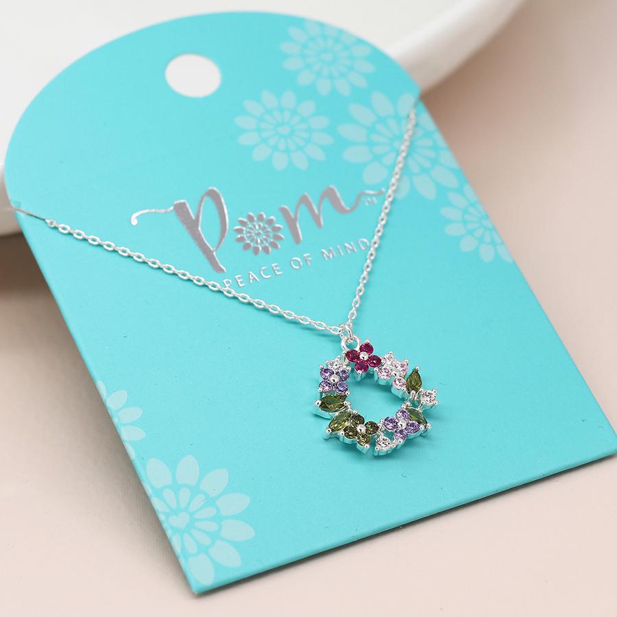 Silver plated floral crystal circle necklace