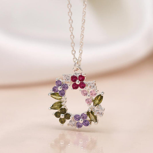 Silver plated floral crystal circle necklace