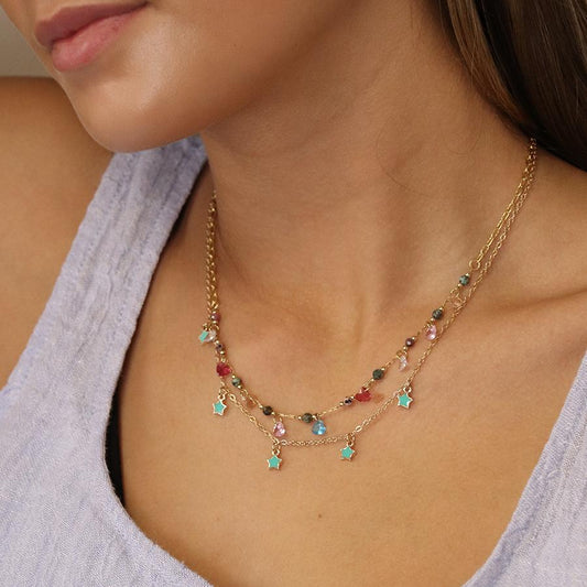 Faux gold, mixed beads and heart drops necklace