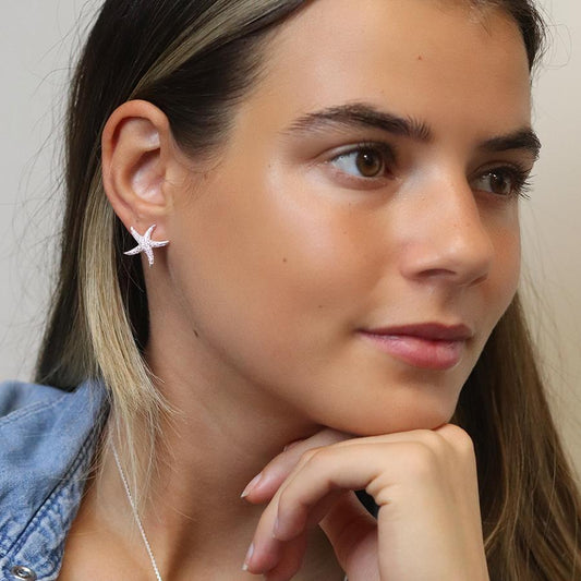 Silver plated crystal starfish studs