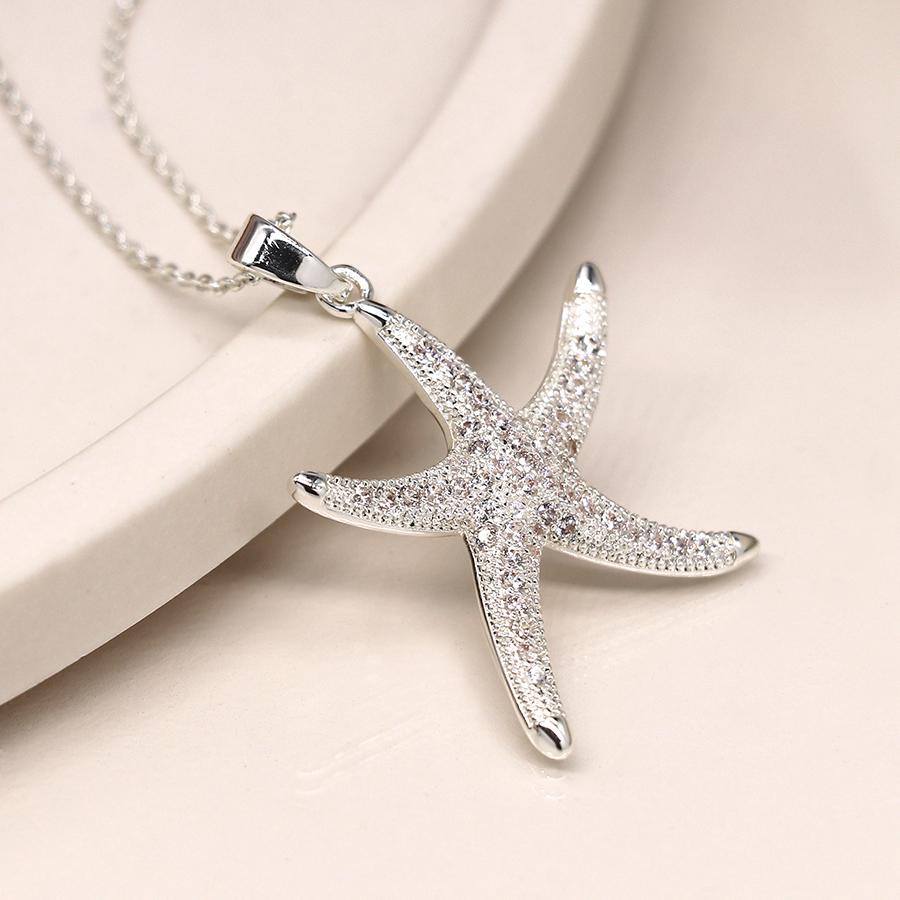 Silver plated crystal starfish necklace