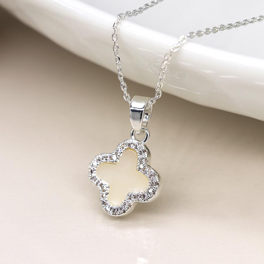 Silver plated crystal edged quatrefoil necklace