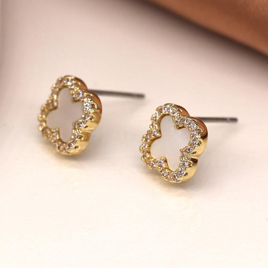 Golden crystal edged quatrefoil earrings