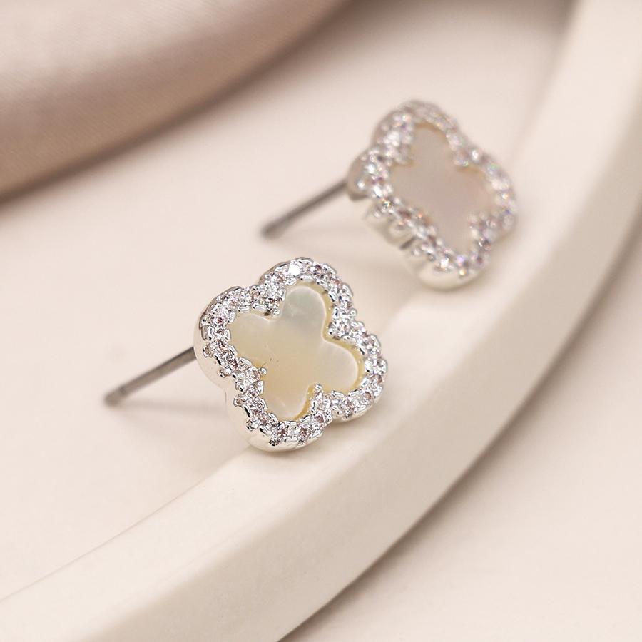 Silver plated crystal edged quatrefoil earrings