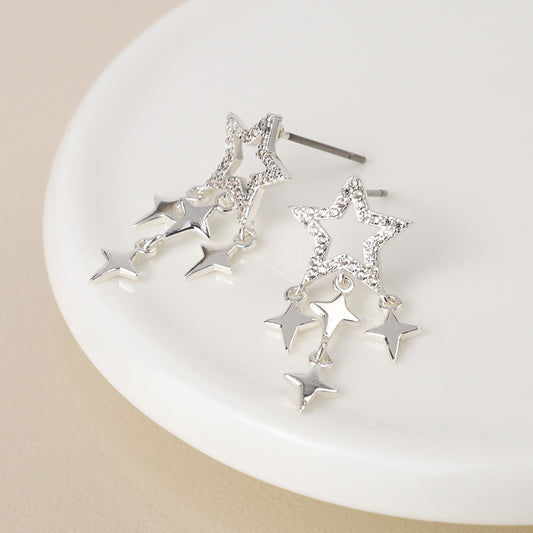 Silver plated crystal star and star drops earrings