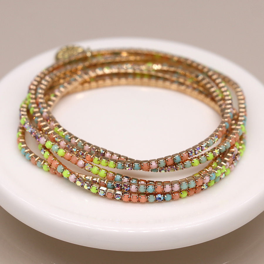 Golden multistrand pastel mix crystal bracelet stack
