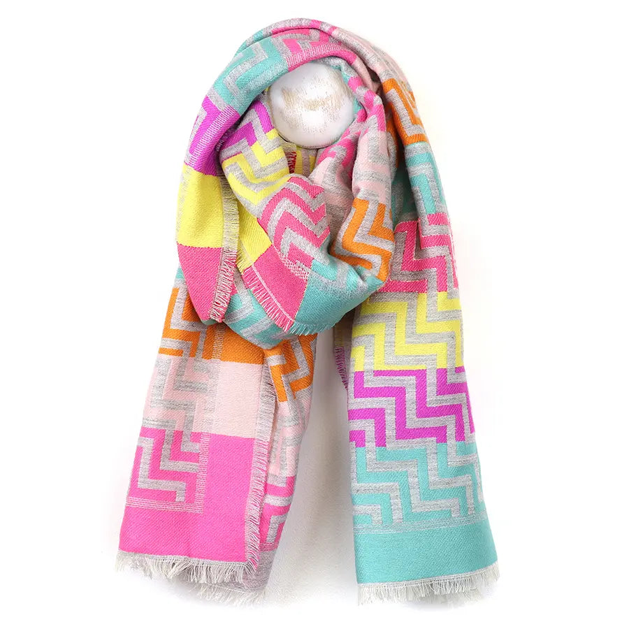 52939 POM Reversible bright mix zig-zag stripes scarf with fringe