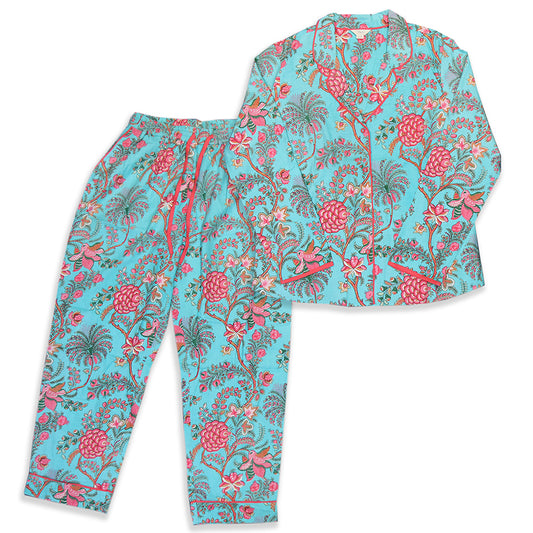 Turquise Blue Multi Botanical Print Pyjama Set