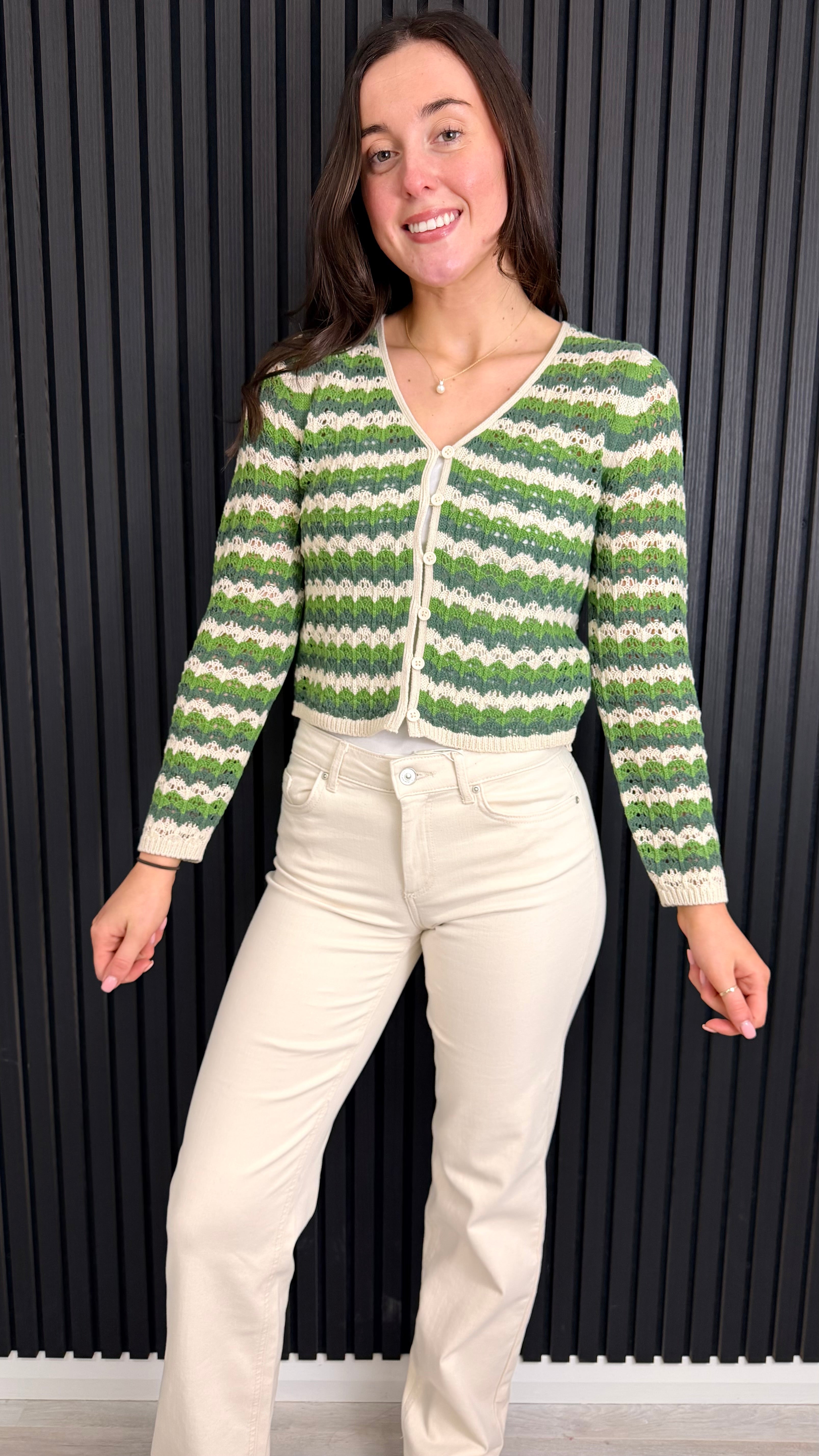 Zigzag Knit Cardigan in Green & Cream | Women’s Knitwear with Pumice Stone Straight Leg Jean