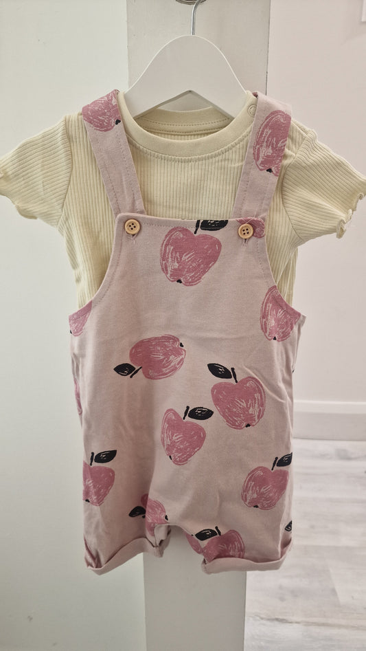Pink dungarees and cream top set apple print