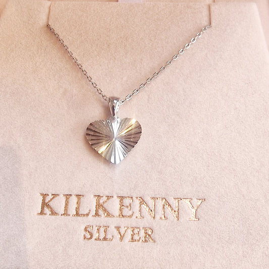 Silver diamond cut heart necklace