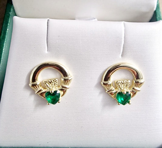 GOLD CLADDAGH STUDS - EMERALD STONE