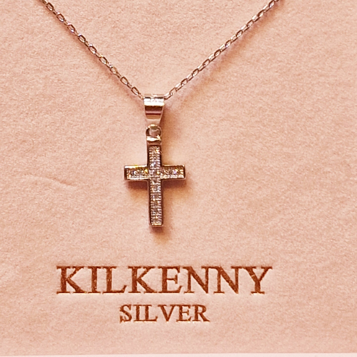 Block Cross Necklace with small stones – Silver L3209