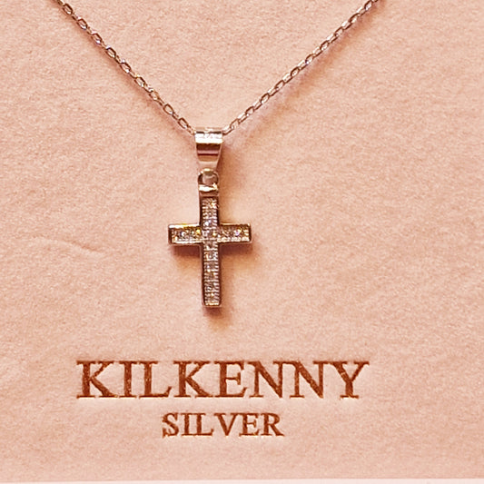 Block Cross Necklace with small stones – Silver L3209