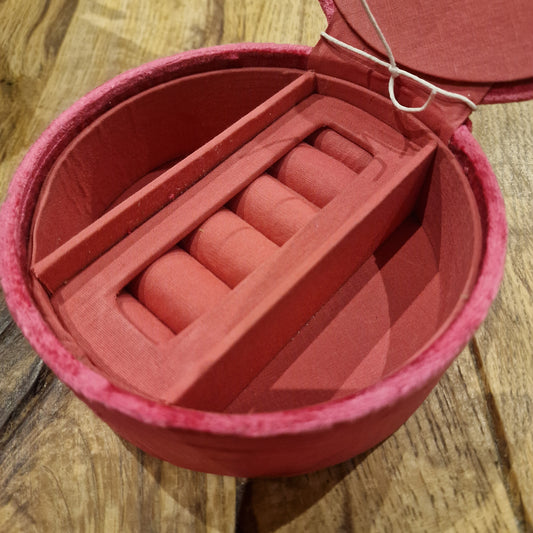 Rich pink velvet round jewellery and keepsake box with embroidered and embellished bee design