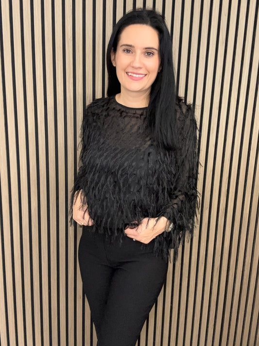 Deirdre feather black top