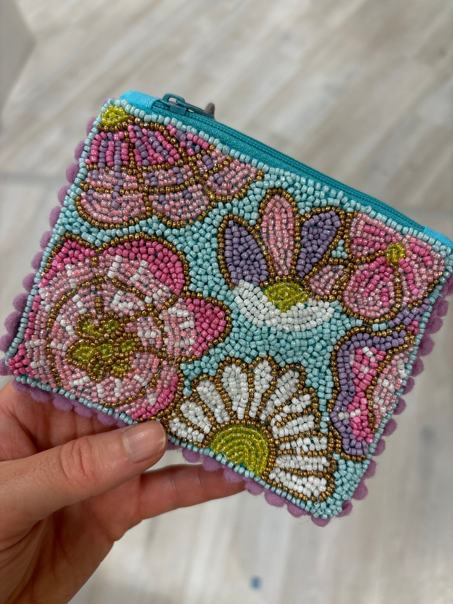 81662 Teal POM Floral Beaded Purse