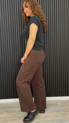 Women’s Madison high waisted wide leg jeans in Chicory Coffee brown with tonal leopard animal print.