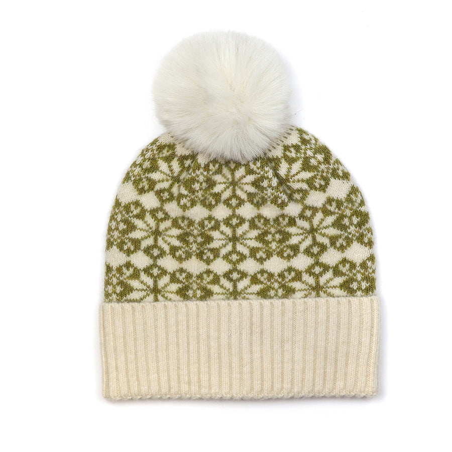 Olive and cream mix starflower knit bobble hat