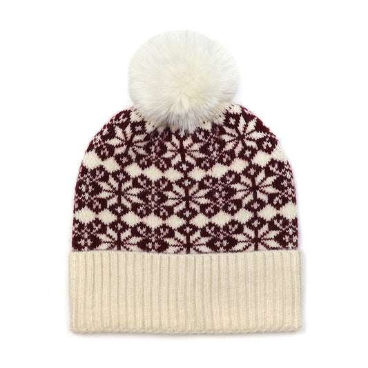 Burgundy and cream mix starflower knit bobble hat