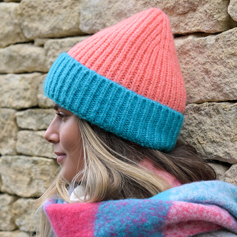 Burnt orange and turquoise beanie hat