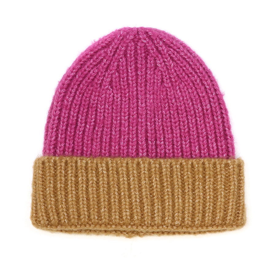 Magenta and coffee beanie hat