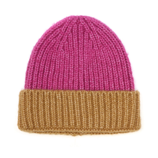 Magenta and coffee beanie hat
