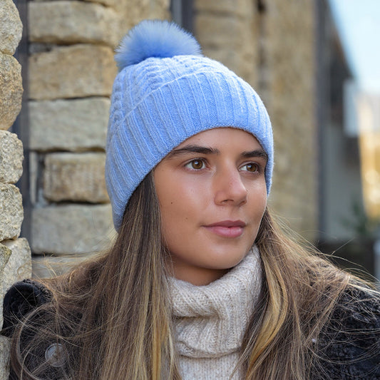 Ice blue recycled herringbone bobble hat