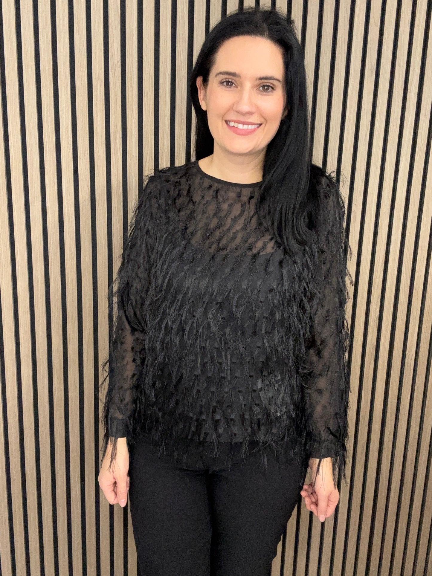 Deirdre feather black top