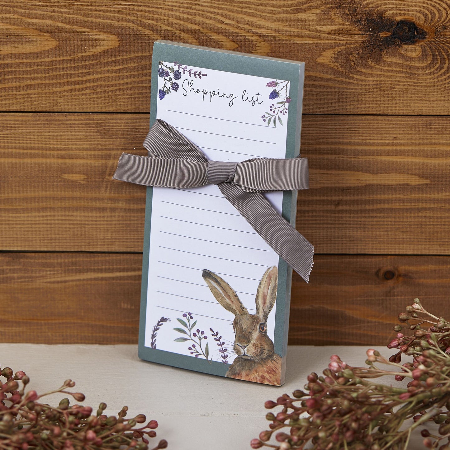 WOODLAND BERRY HARE MAGNETIC NOTEPAD WITH TAUPE RIBBON