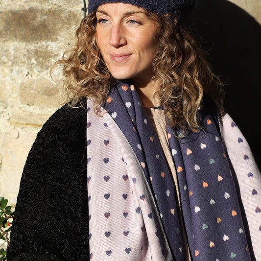 Navy tiny hearts reversible jacquard scarf