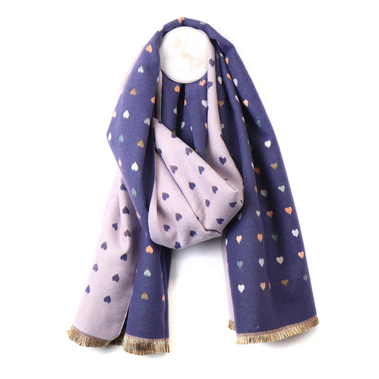 Navy tiny hearts reversible jacquard scarf