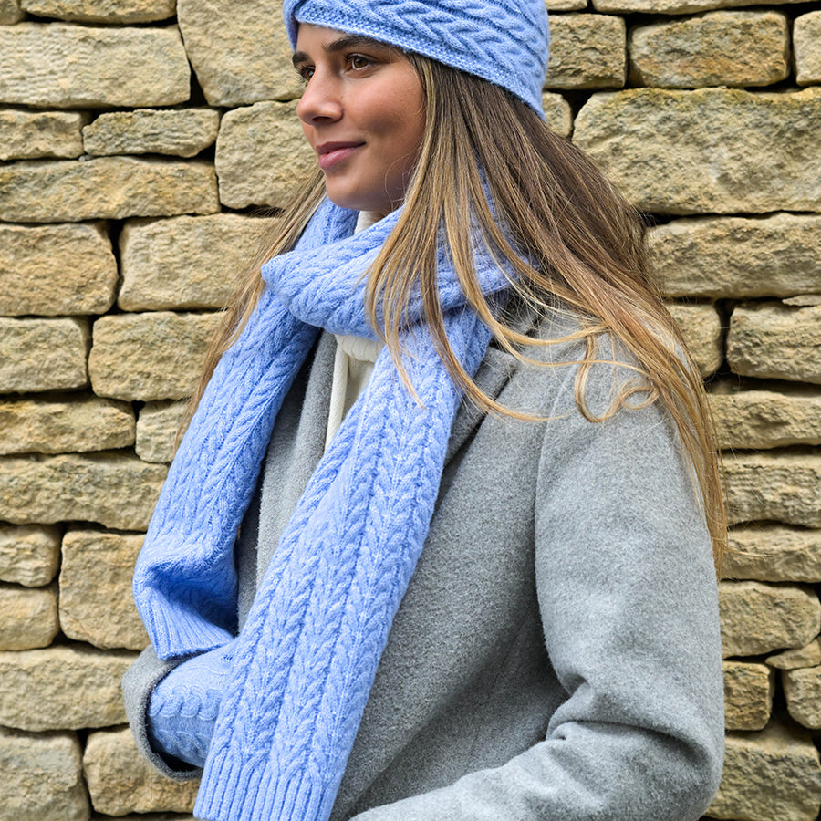 Ice blue recycled yarn herringbone knit scarf