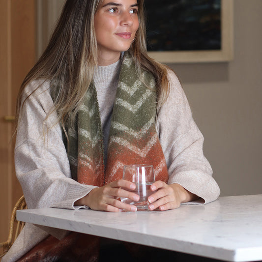 Grey, olive and rust boucle chevron scarf