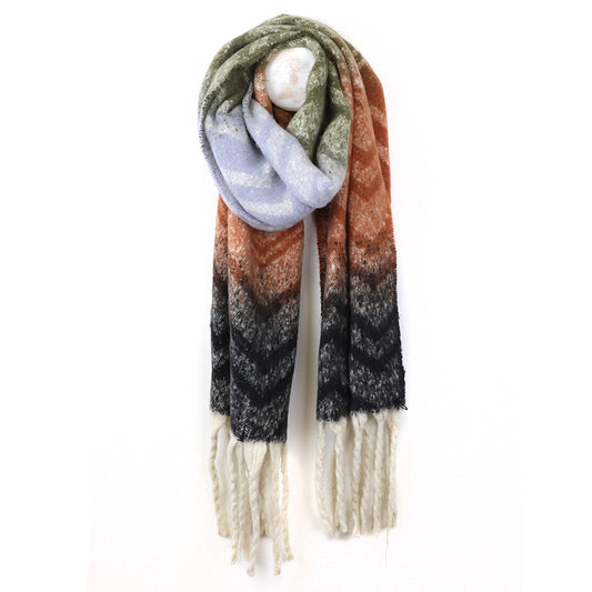 Grey, olive and rust boucle chevron scarf