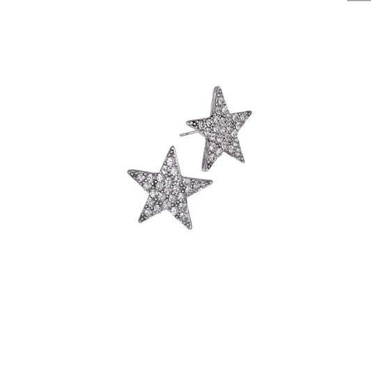 Crystal Star Studs Earrings - Silver W/ Clear Crystals