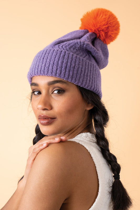 Ingrid Bobble Hat - Lavender & Tangerine