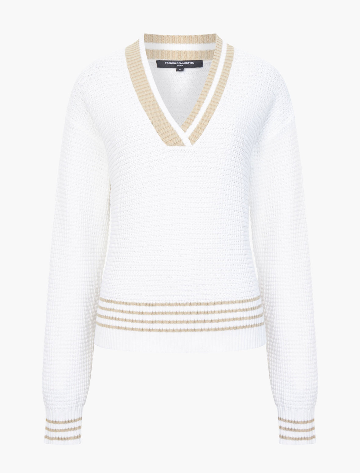 78YCE Lily Long Sleeve Varsity V Neck Jumper - Summer White/Sand