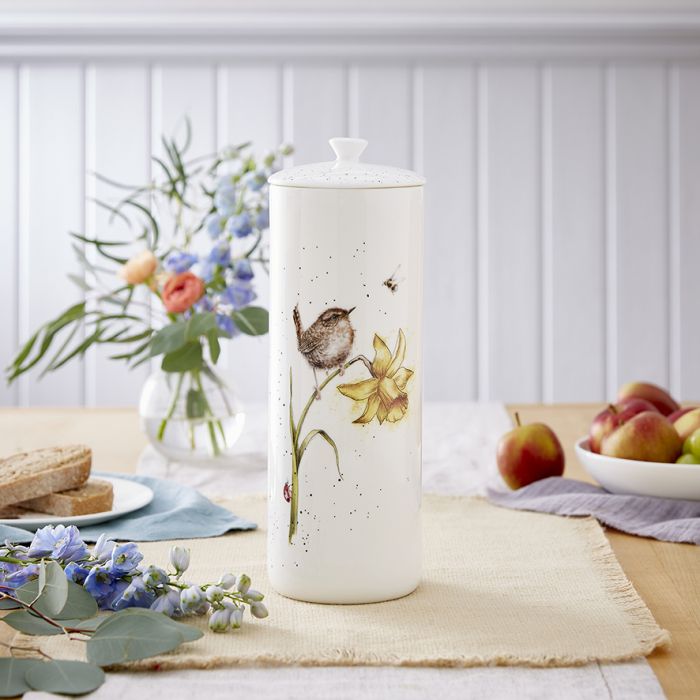 THE BIRDS AND THE BEES' WREN TALL LIDDED STORAGE JAR