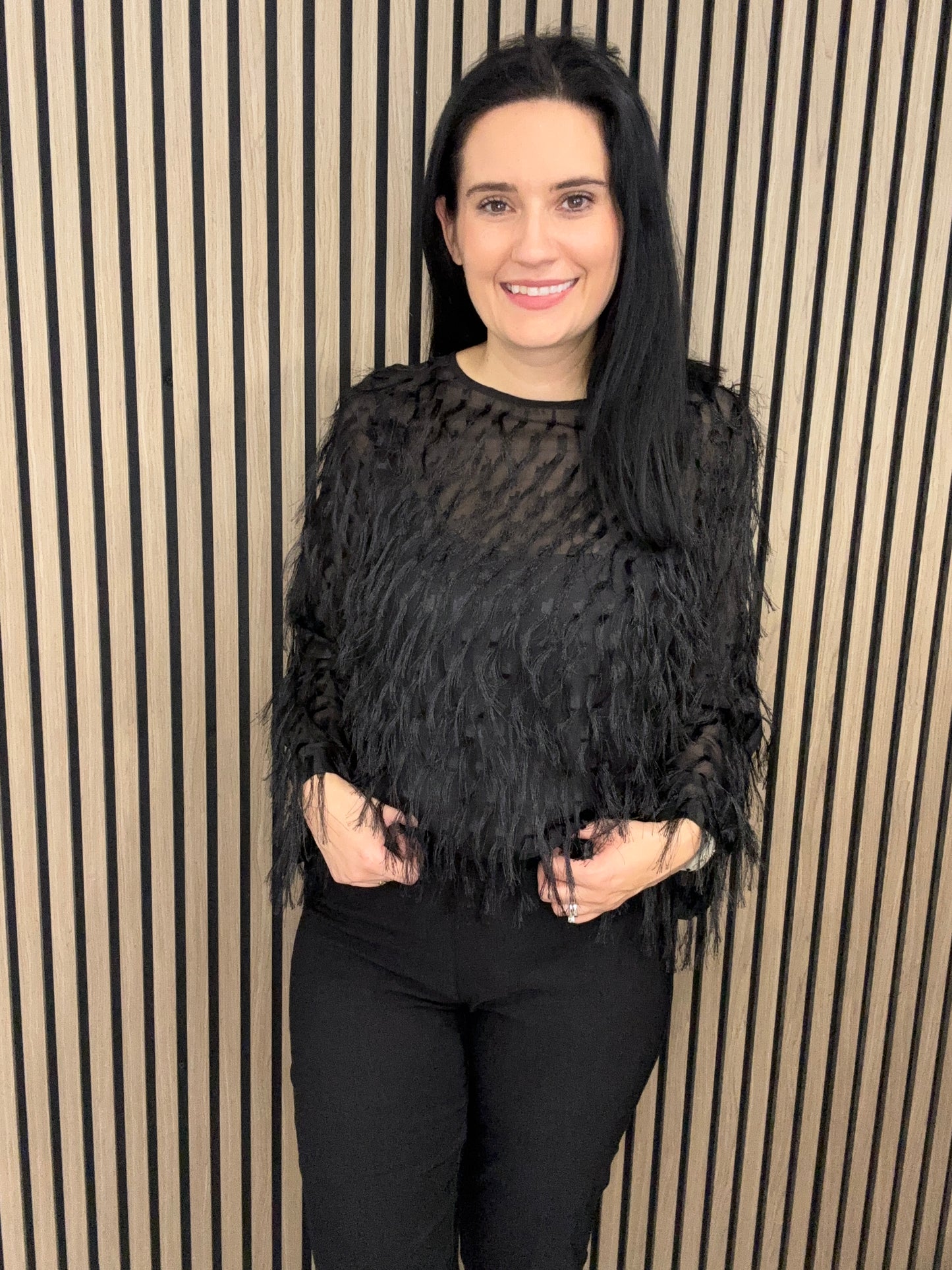 Deirdre feather black top